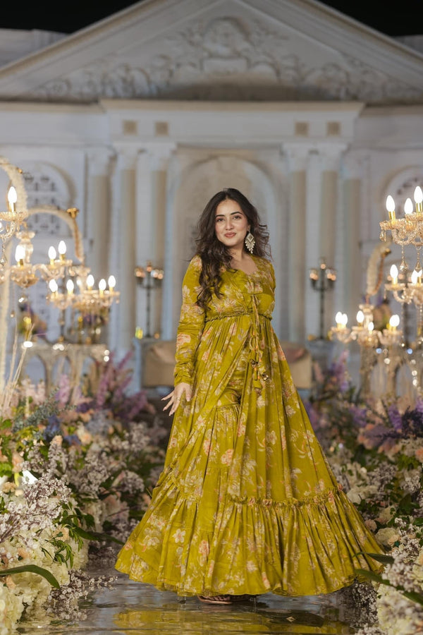 Heavy Airtex Chinon Digital Print Sharara Suit with Long Shrug Clothsvilla