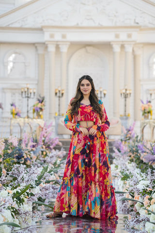Heavy Airtex Chinon Digital Print Sharara Suit with Long Shrug Clothsvilla