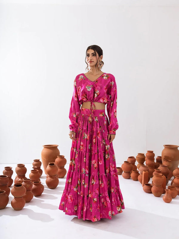 Heavy Airtex Chinon Printed Crop Top Lehenga Set Clothsvilla