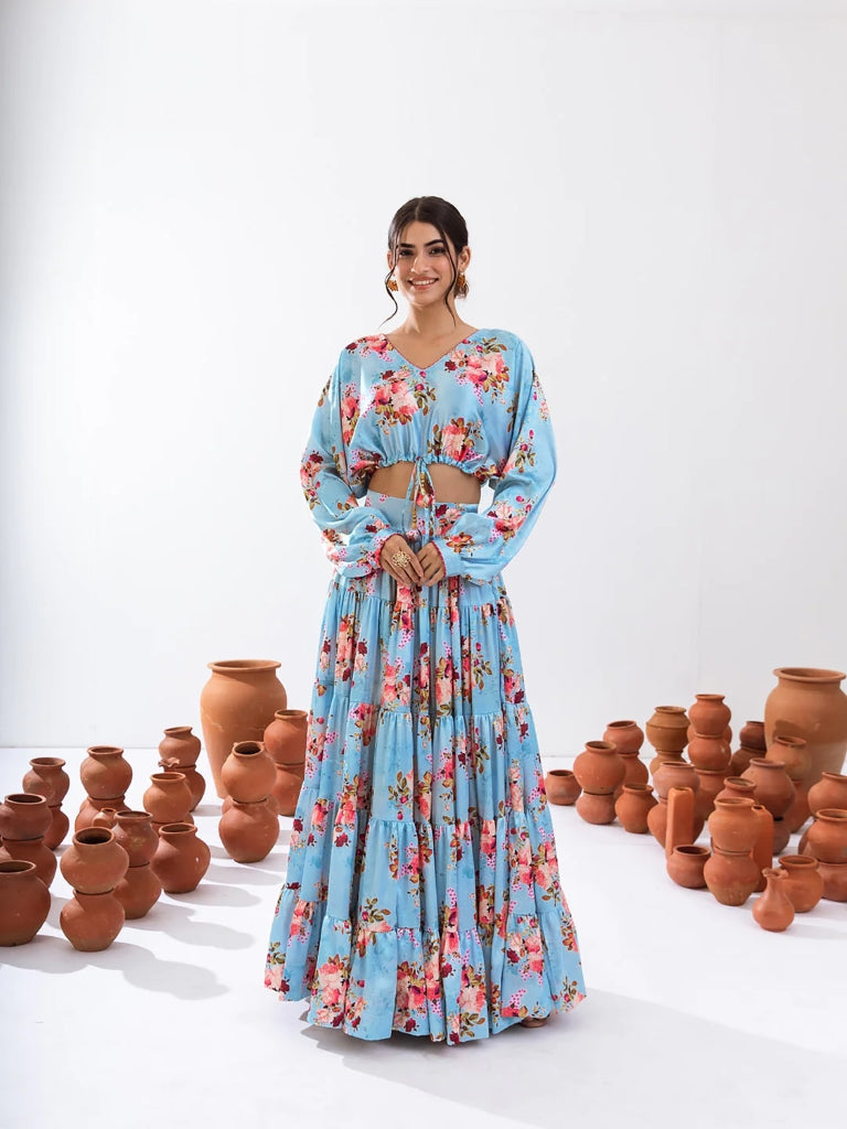 Heavy Airtex Chinon Printed Crop Top Lehenga Set Clothsvilla