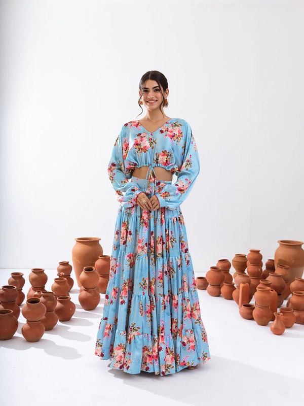 Heavy Airtex Chinon Printed Crop Top Lehenga Set Clothsvilla