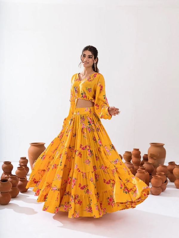 Heavy Airtex Chinon Printed Crop Top Lehenga Set Clothsvilla