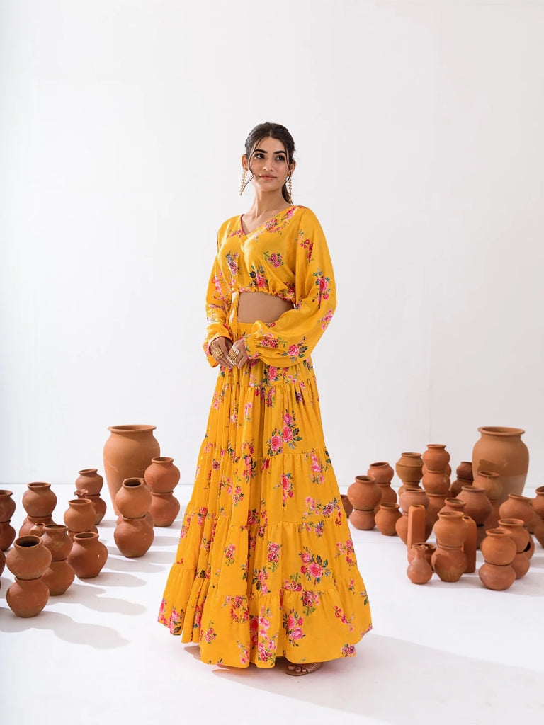 Heavy Airtex Chinon Printed Crop Top Lehenga Set Clothsvilla