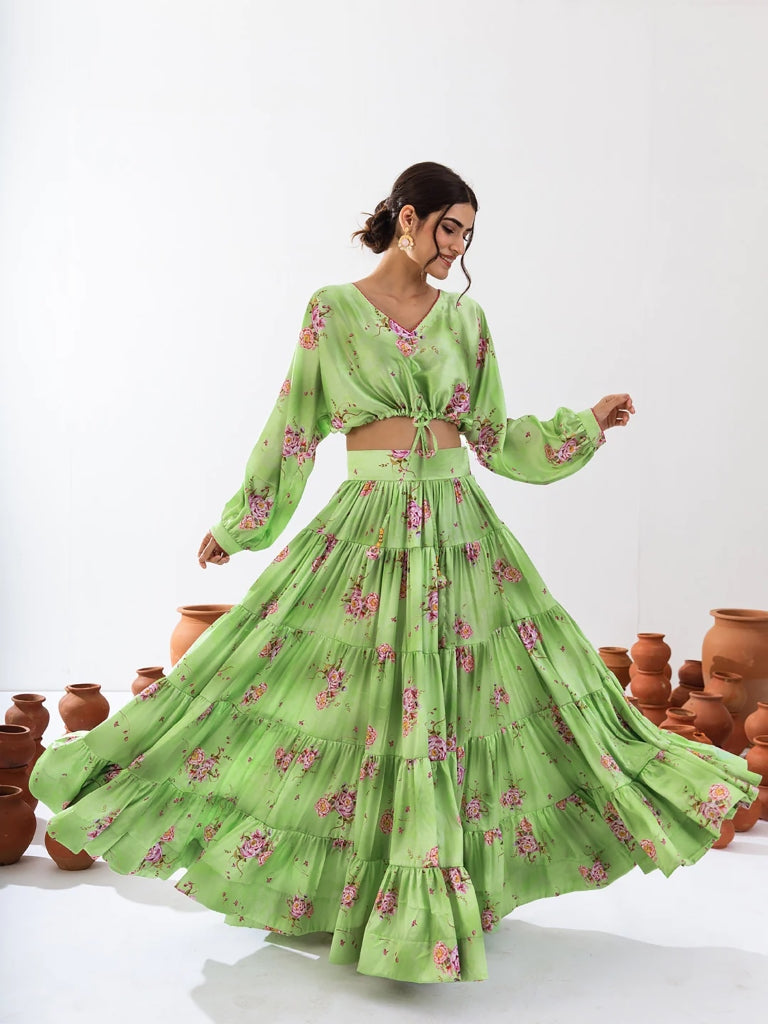 Heavy Airtex Chinon Printed Crop Top Lehenga Set Clothsvilla