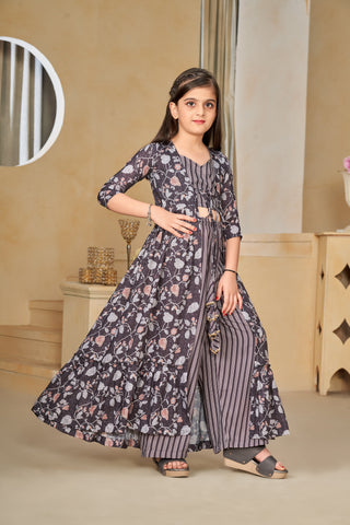 Heavy Muslin Digital Print Shrug Crop Top Bottom Set for Girls Clothsvilla