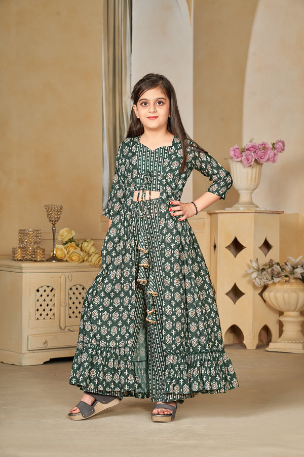 Heavy Muslin Digital Print Shrug Crop Top Bottom Set for Girls Clothsvilla
