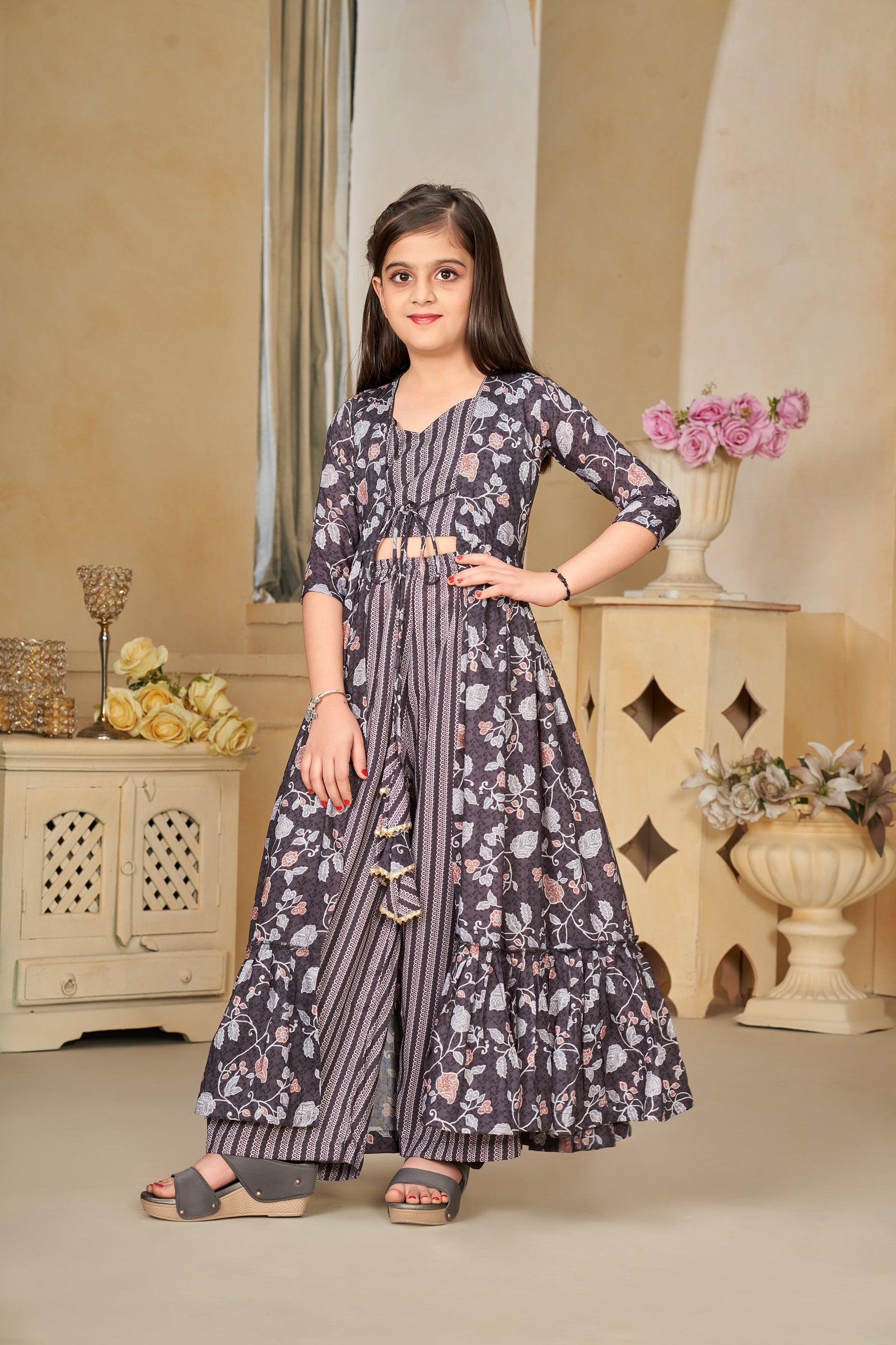 Heavy Muslin Digital Print Shrug Crop Top Bottom Set for Girls Clothsvilla