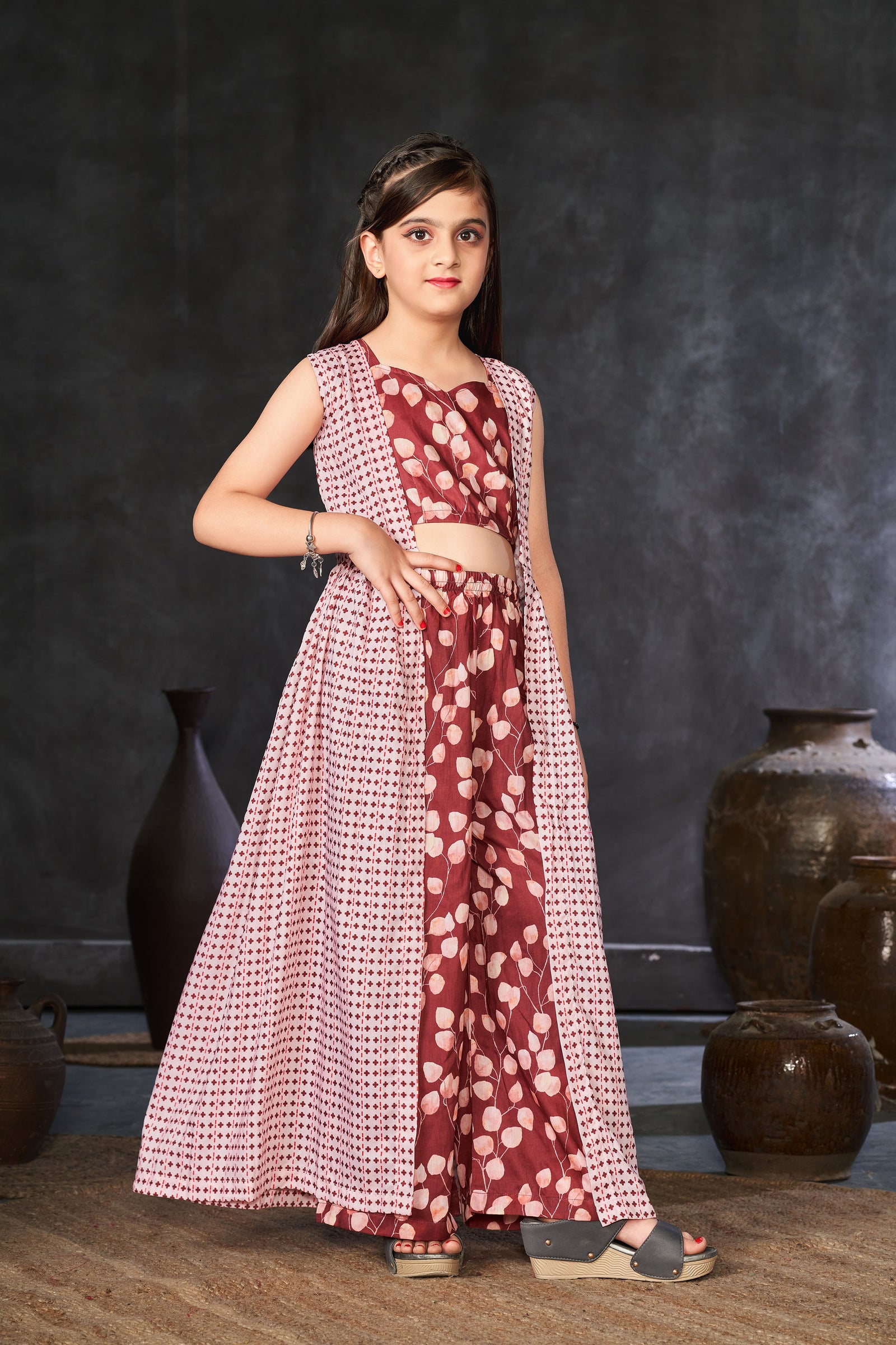 Heavy Muslin Digital Print Shrug Crop Top Bottom Set for Girls Clothsvilla