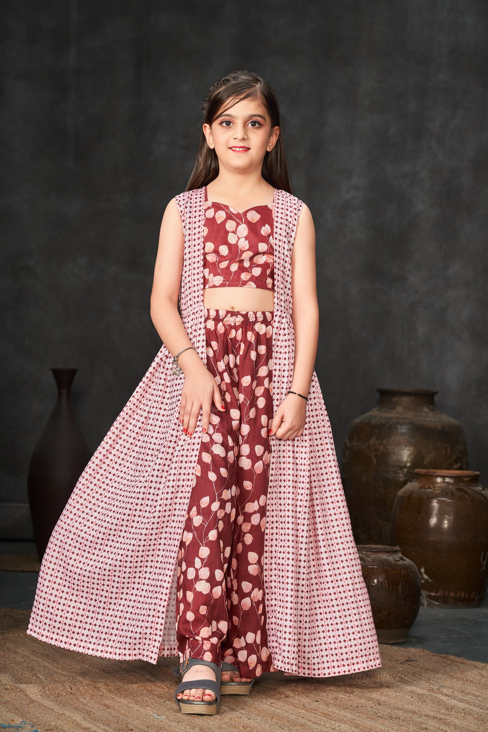Heavy Muslin Digital Print Shrug Crop Top Bottom Set for Girls Clothsvilla