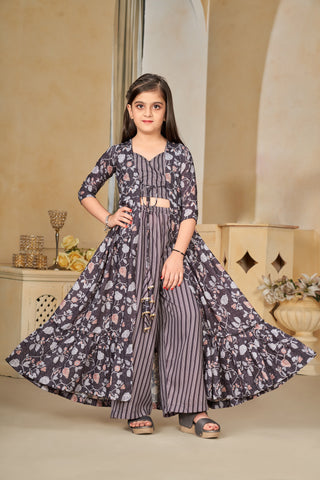 Heavy Muslin Digital Print Shrug Crop Top Bottom Set for Girls Clothsvilla