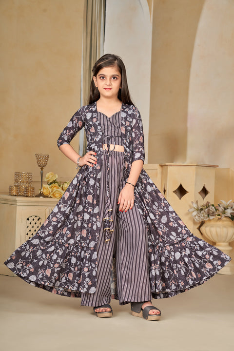 Heavy Muslin Digital Print Shrug Crop Top Bottom Set for Girls Clothsvilla Main image
