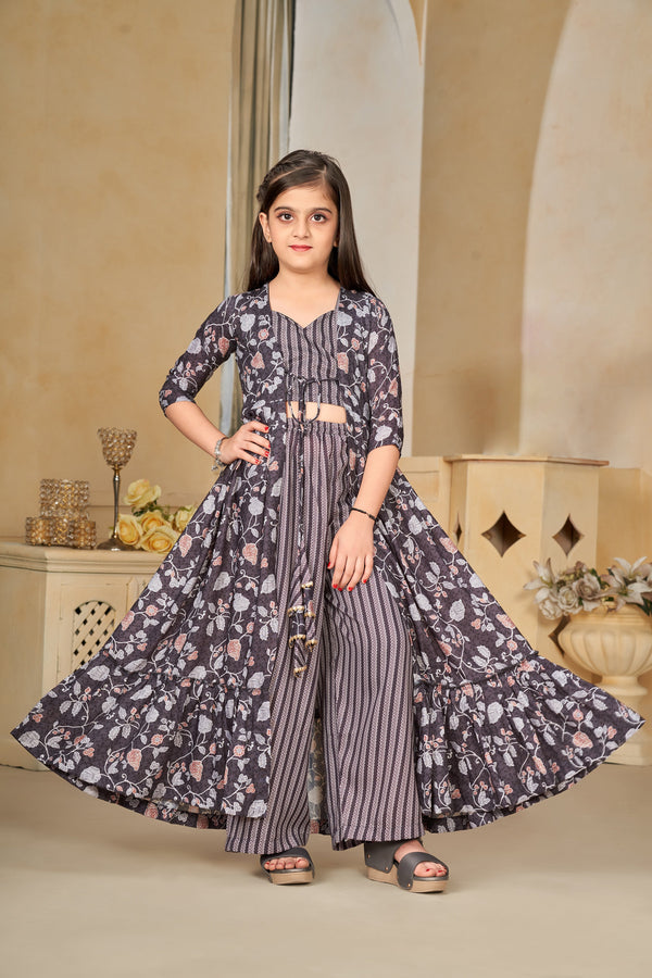 Heavy Muslin Digital Print Shrug Crop Top Bottom Set for Girls Clothsvilla