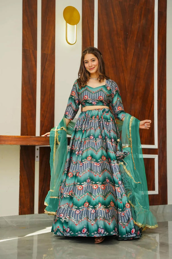 Heavy Silk Digital Print Tiered Lehenga Choli Set with Organza Dupatta Clothsvilla