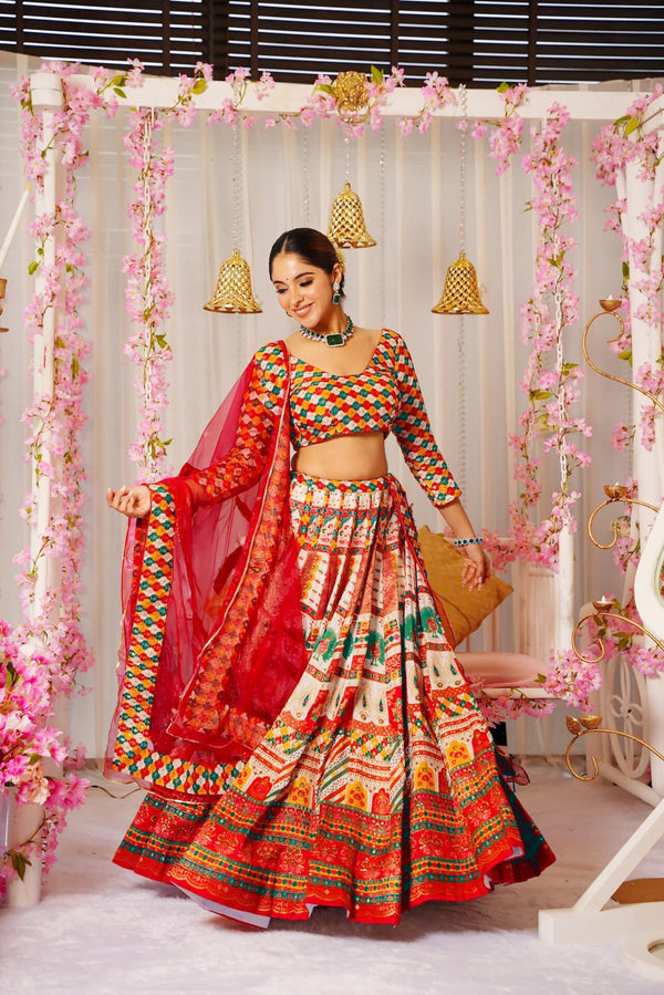 Heavy Silk Digital Print Tiered Lehenga Choli Set with Organza Dupatta Clothsvilla