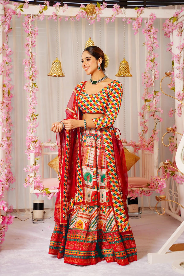 Heavy Silk Digital Print Tiered Lehenga Choli Set with Organza Dupatta Clothsvilla