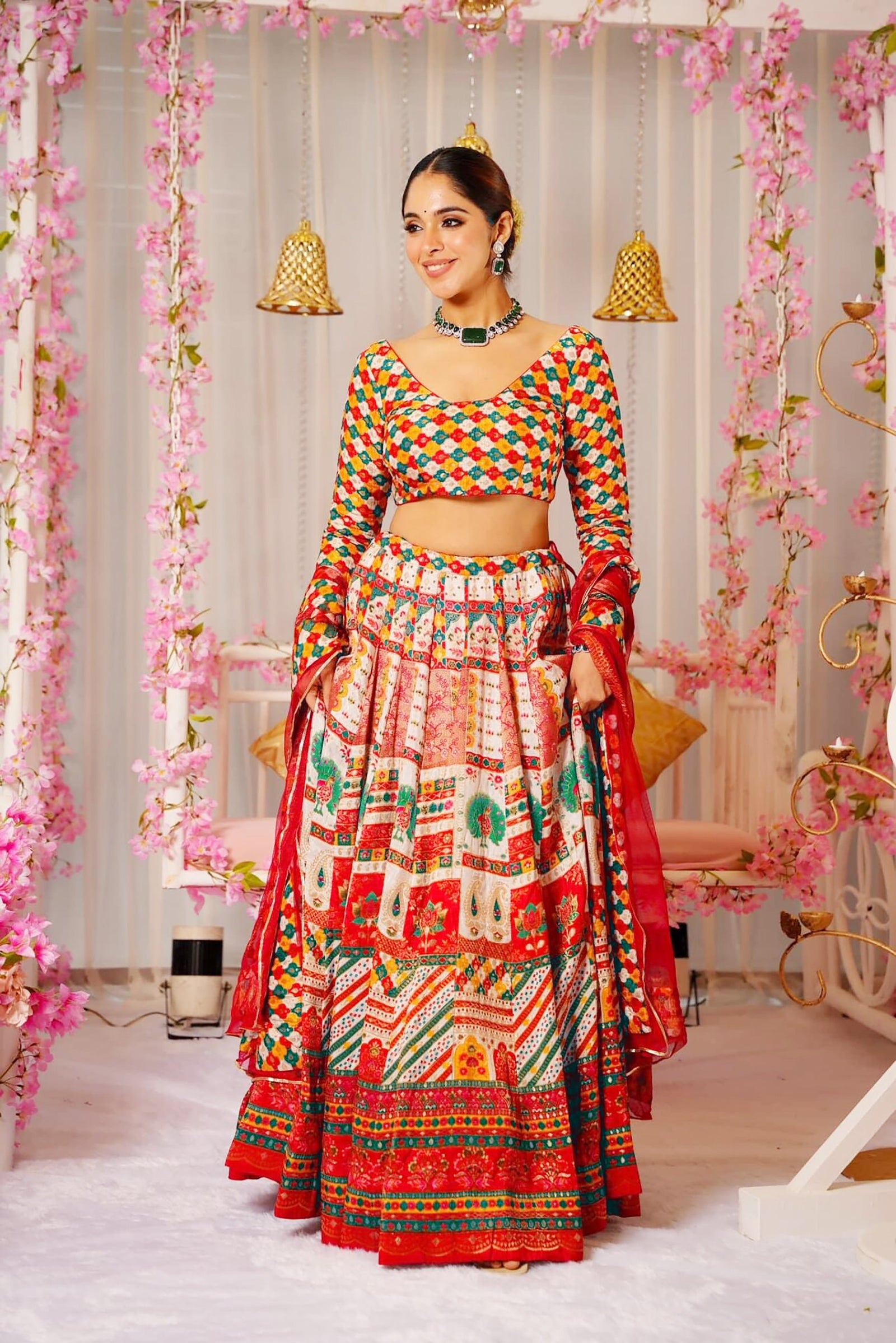 Heavy Silk Digital Print Tiered Lehenga Choli Set with Organza Dupatta Clothsvilla