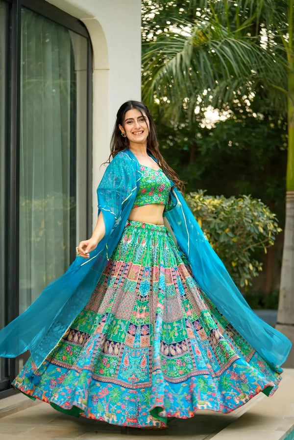 Heavy Silk Digital Print Tiered Lehenga Choli Set with Organza Dupatta Clothsvilla