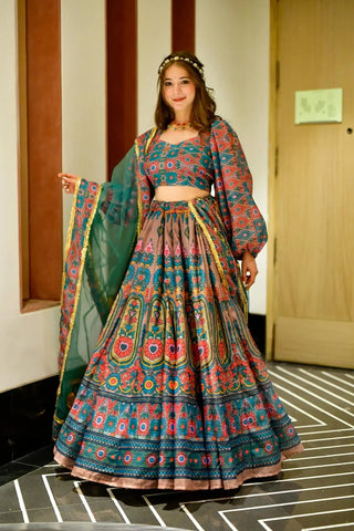 Heavy Silk Digital Print Tiered Lehenga Choli Set with Organza Dupatta Clothsvilla