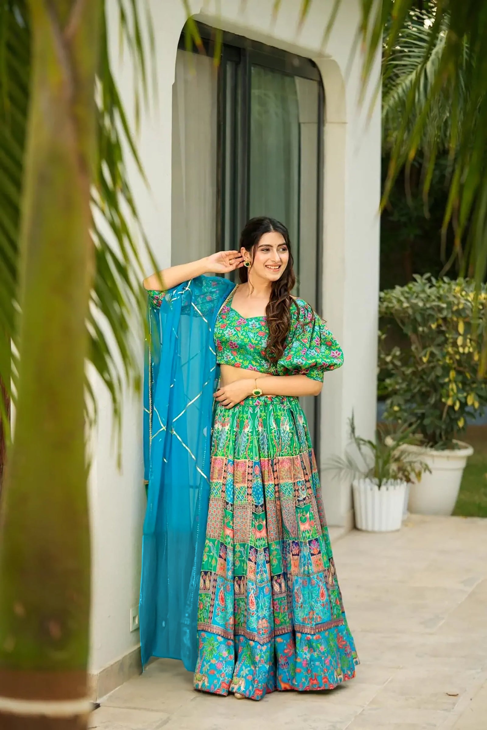 Heavy Silk Digital Print Tiered Lehenga Choli Set with Organza Dupatta Clothsvilla