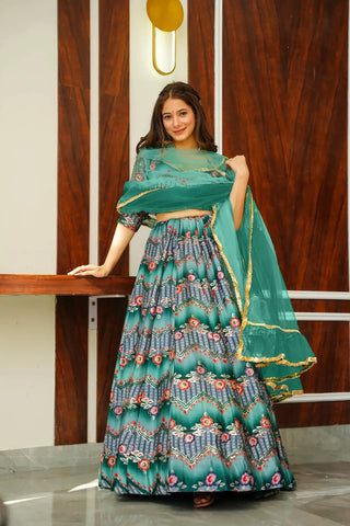 Heavy Silk Digital Print Tiered Lehenga Choli Set with Organza Dupatta Clothsvilla
