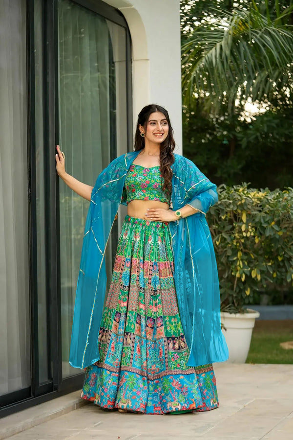 Heavy Silk Digital Print Tiered Lehenga Choli Set with Organza Dupatta Clothsvilla