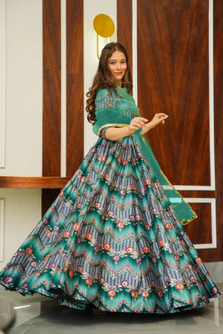 Heavy Silk Digital Print Tiered Lehenga Choli Set with Organza Dupatta Clothsvilla