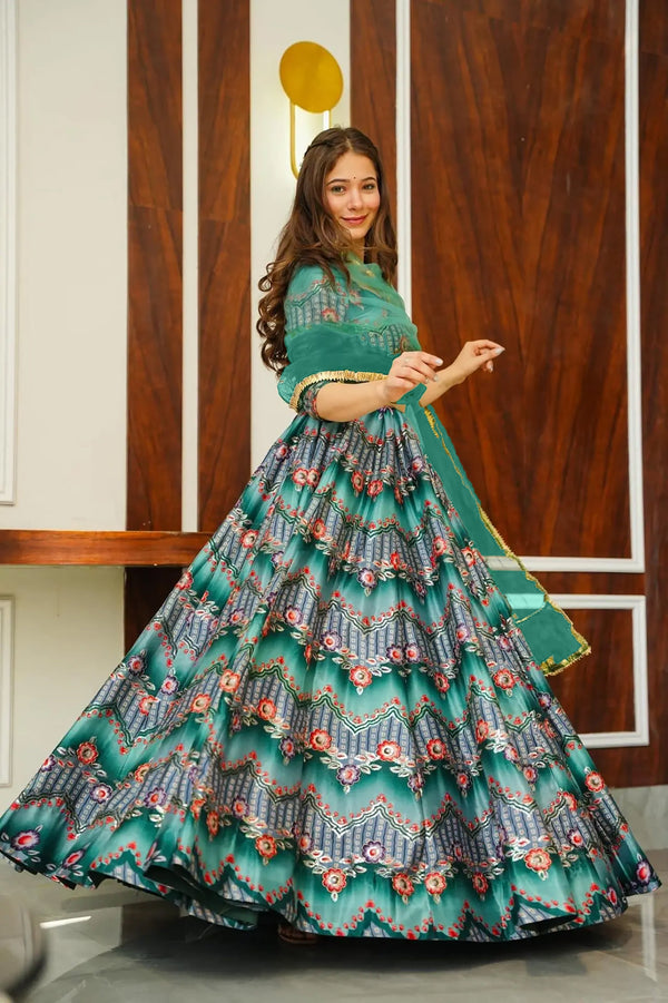 Heavy Silk Digital Print Tiered Lehenga Choli Set with Organza Dupatta Clothsvilla
