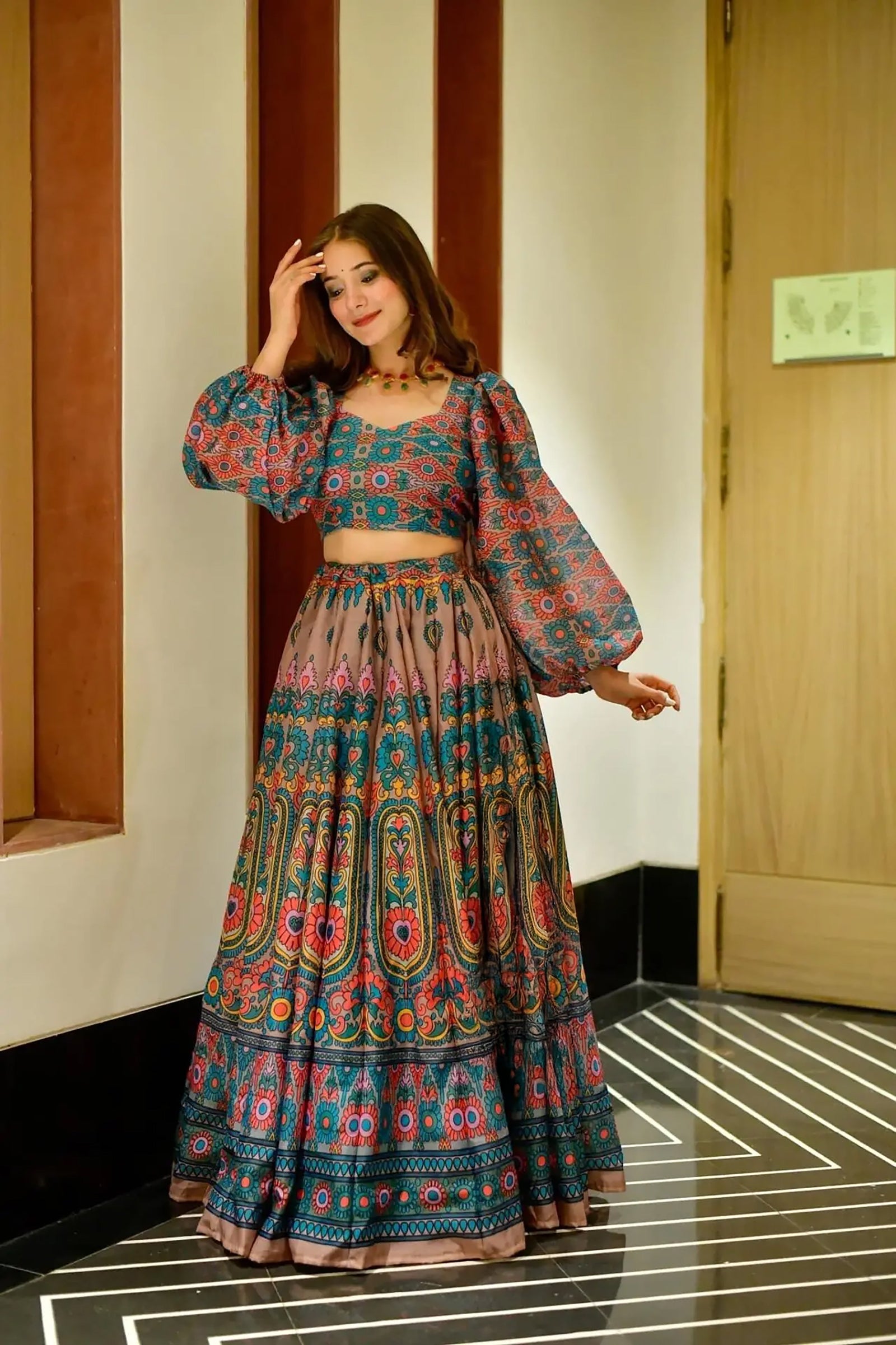 Heavy Silk Digital Print Tiered Lehenga Choli Set with Organza Dupatta Clothsvilla