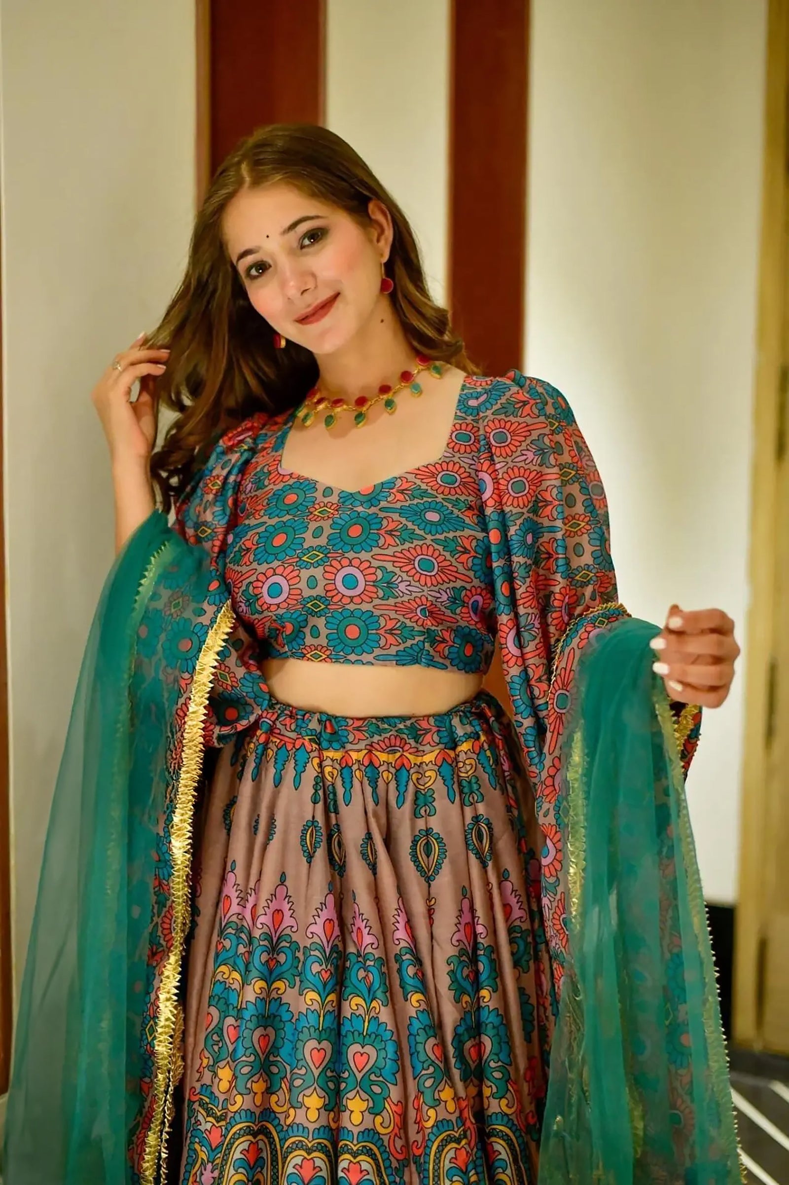 Heavy Silk Digital Print Tiered Lehenga Choli Set with Organza Dupatta Clothsvilla