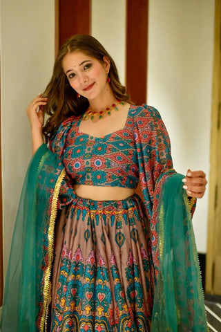 Heavy Silk Digital Print Tiered Lehenga Choli Set with Organza Dupatta Clothsvilla