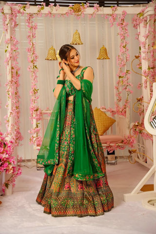 Heavy Silk Digital Print Tiered Lehenga Choli Set with Organza Dupatta Clothsvilla