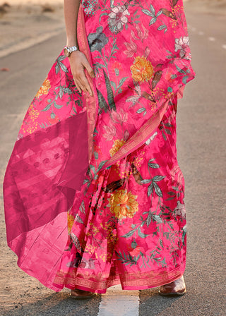 Hot Pink Elegant Tussar Silk Blend Saree with Blouse Piece ClothsVilla