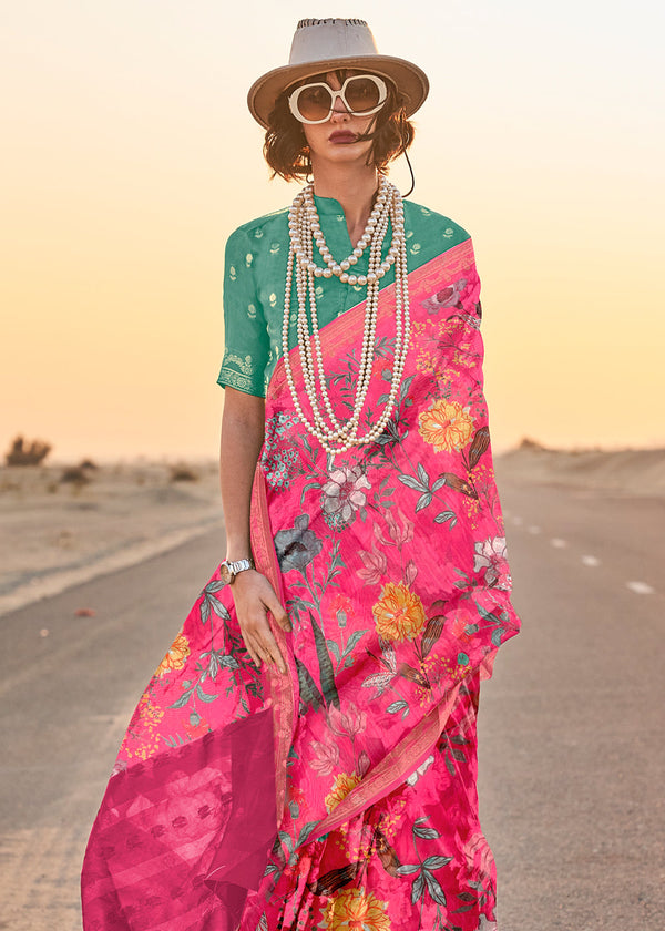 Hot Pink Elegant Tussar Silk Blend Saree with Blouse Piece ClothsVilla