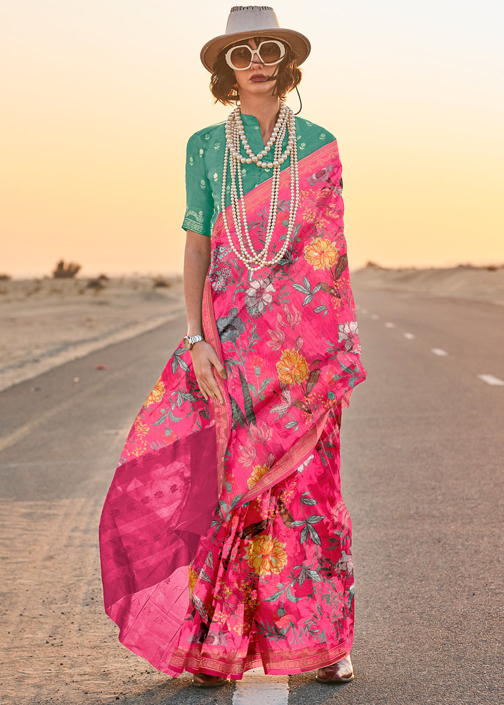 Hot Pink Elegant Tussar Silk Blend Saree with Blouse Piece ClothsVilla