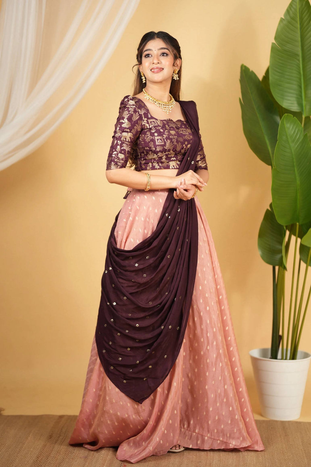 Hot Pink Regal Banarasi Zari Silk Lehenga Set with Sequin-Embellished Dupatta ClothsVilla