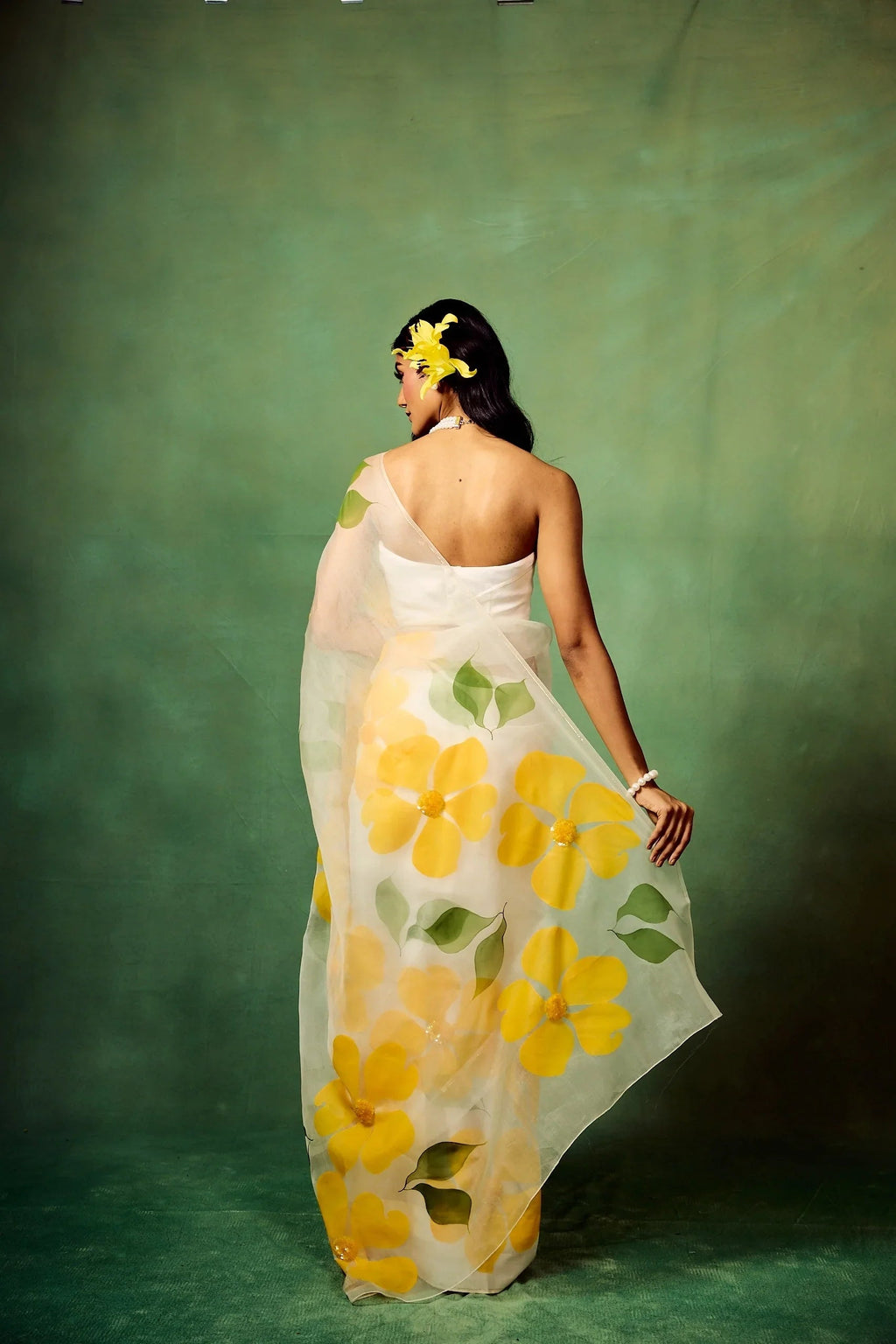 White Pure Organza Saree with Hand-Painted Oversized Yellow Floral Motifs & Sequin Accents | Satin Blouse FANCY SAREES