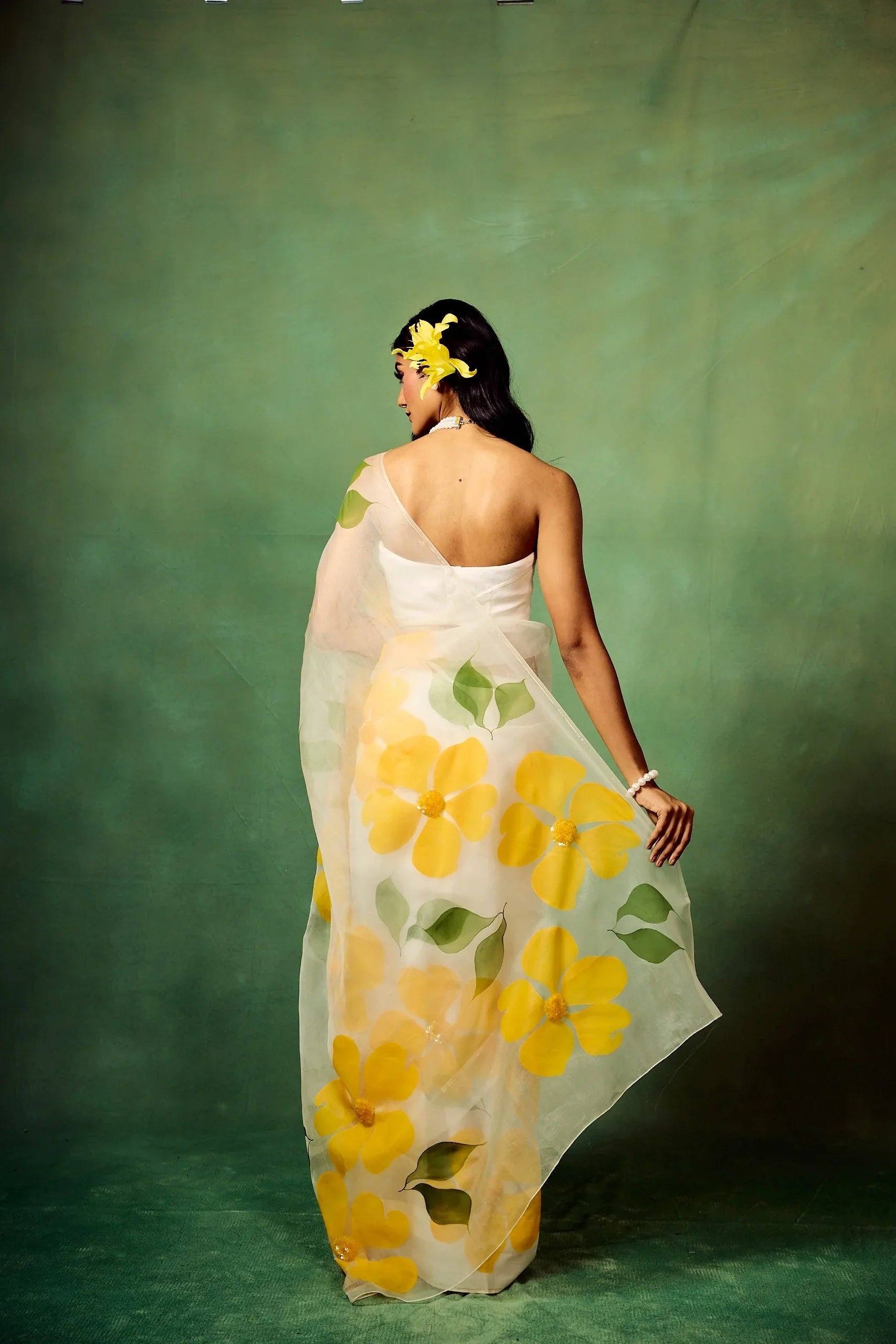 White Pure Organza Saree with Hand-Painted Oversized Yellow Floral Motifs & Sequin Accents | Satin Blouse FANCY SAREES
