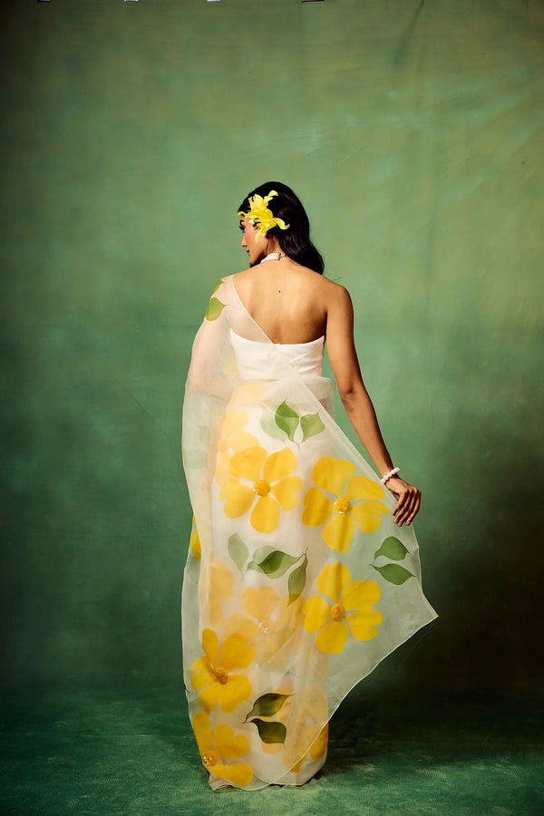 White Pure Organza Saree with Hand-Painted Oversized Yellow Floral Motifs & Sequin Accents | Satin Blouse FANCY SAREES