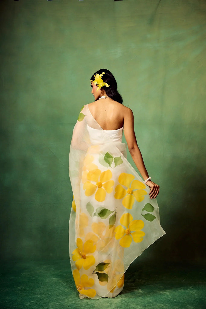 White Pure Organza Saree with Hand-Painted Oversized Yellow Floral Motifs & Sequin Accents | Satin Blouse FANCY SAREES
