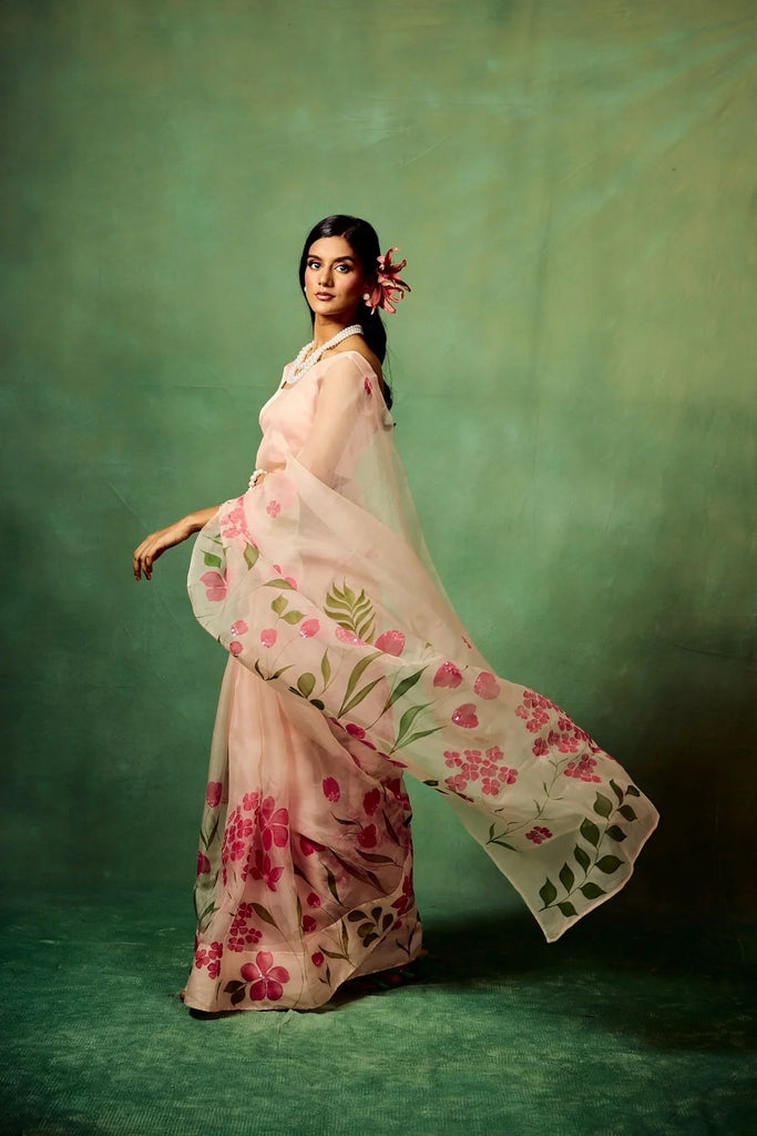 Blush Pink Pure Organza Saree with Hand-Painted White Floral Motifs and Sequin Detailing FANCY SAREES