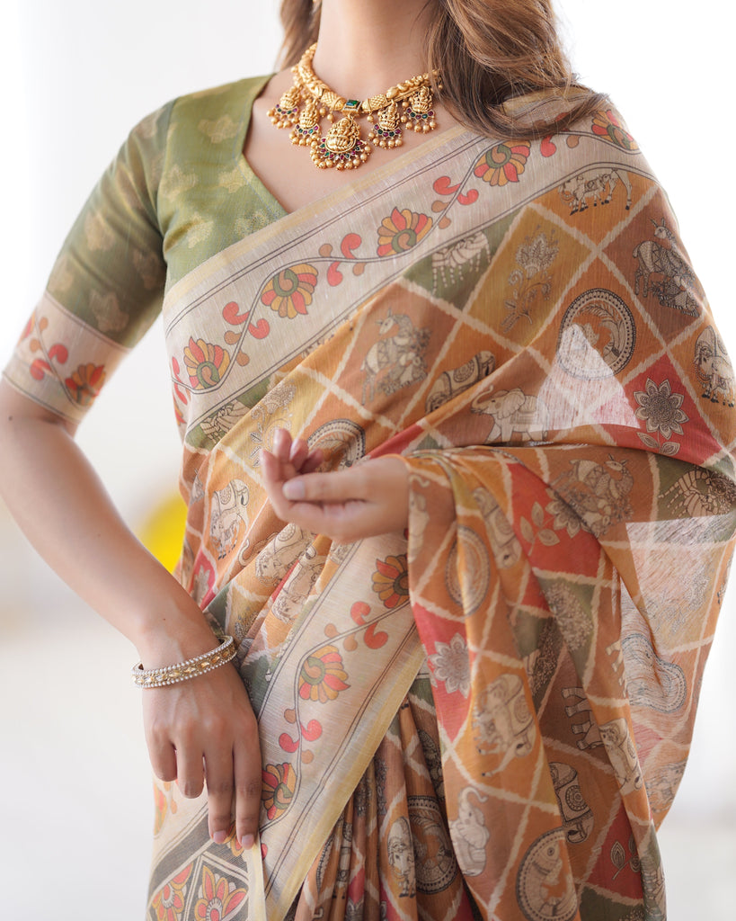 Multicolor Zari Woven Handloom Cotton Saree with Traditional Animal & Floral Motifs and Tassels LINEN HANDLOOM