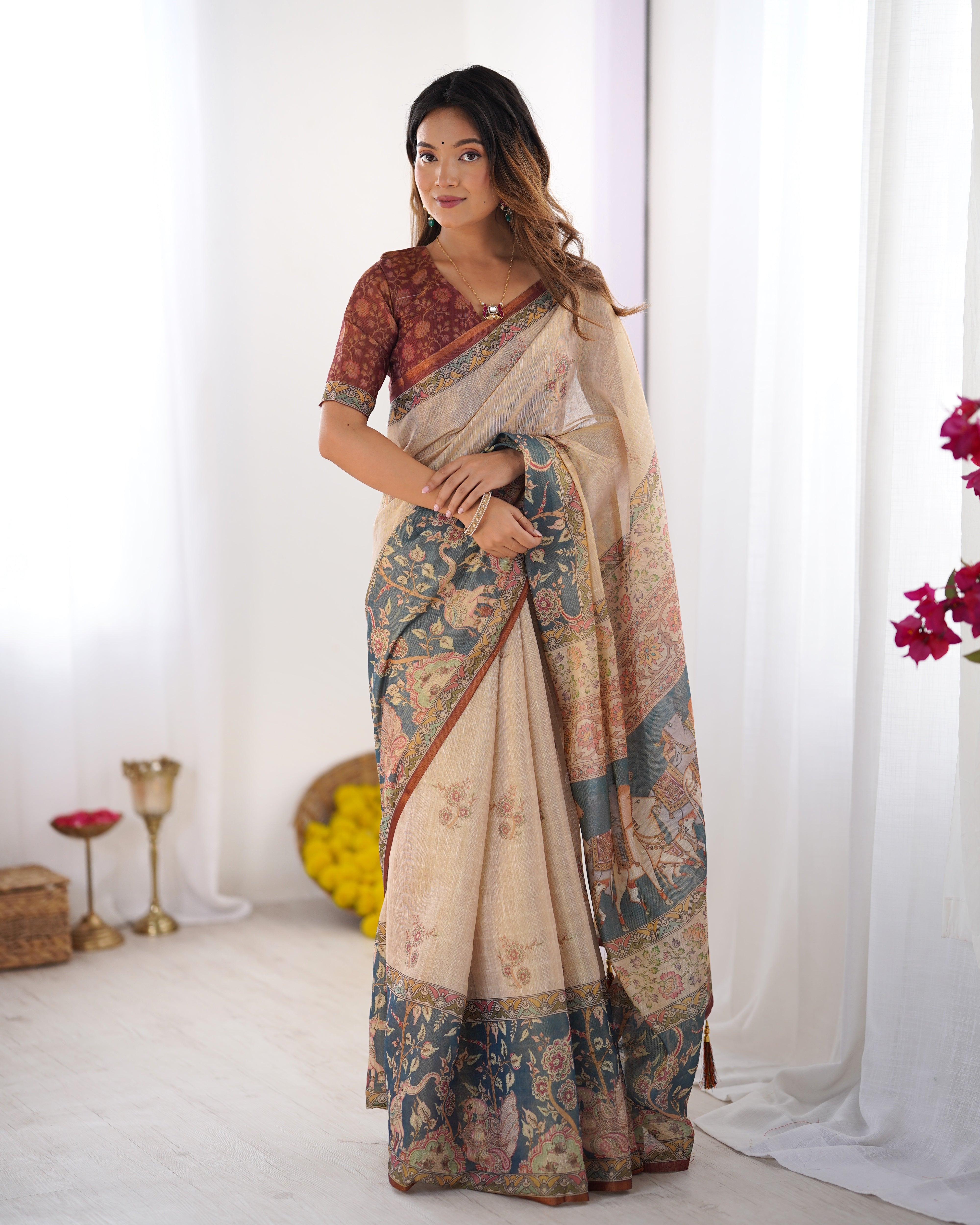 Beige Handloom Cotton Saree with Maroon Blouse and Multicolor Royal Procession Pallu LINEN HANDLOOM Main image