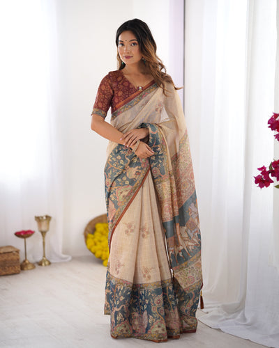Beige Handloom Cotton Saree with Maroon Blouse and Multicolor Royal Procession Pallu LINEN HANDLOOM