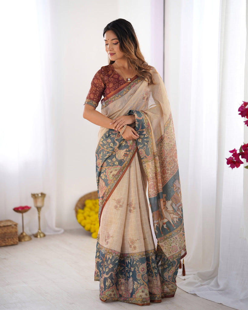 Beige Handloom Cotton Saree with Maroon Blouse and Multicolor Royal Procession Pallu LINEN HANDLOOM