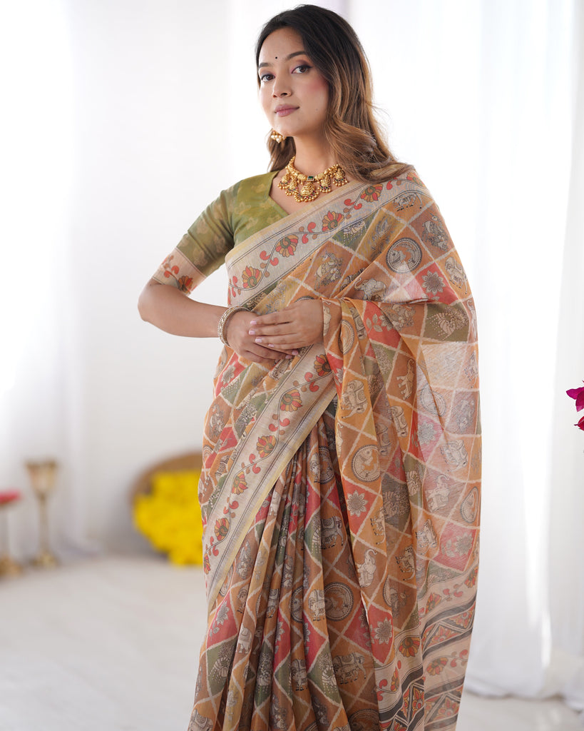 Multicolor Zari Woven Handloom Cotton Saree with Traditional Animal & Floral Motifs and Tassels LINEN HANDLOOM