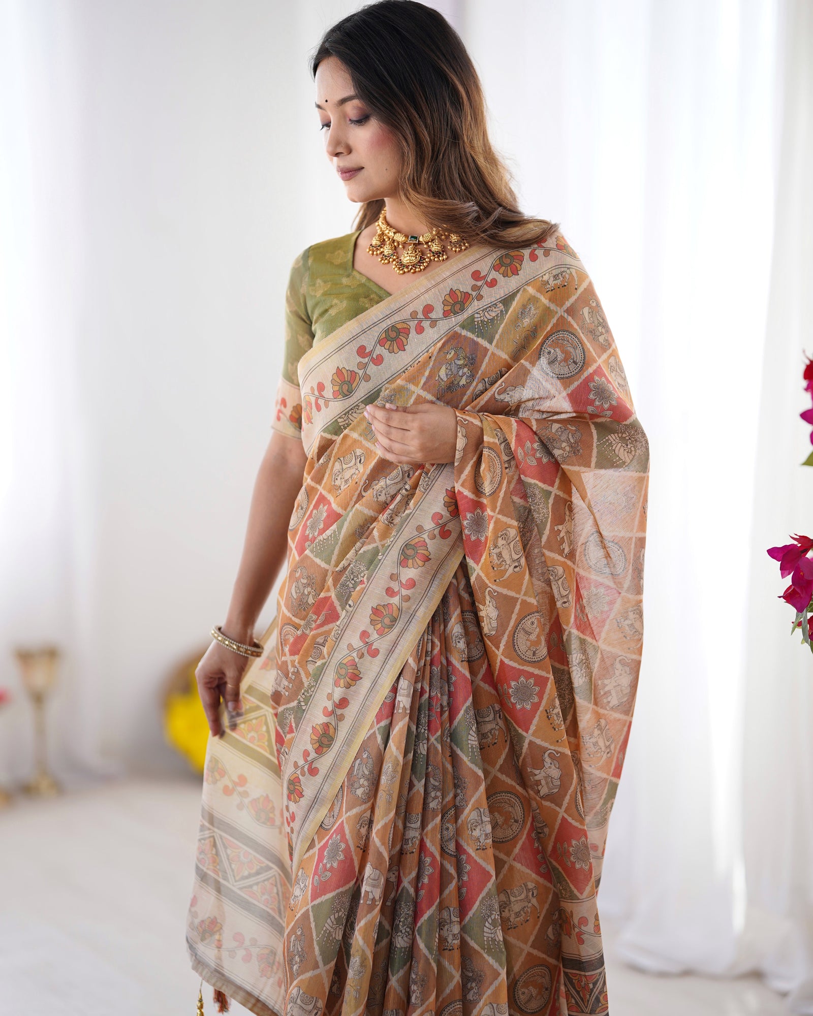 Multicolor Zari Woven Handloom Cotton Saree with Traditional Animal & Floral Motifs and Tassels LINEN HANDLOOM