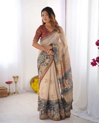 Beige Handloom Cotton Saree with Maroon Blouse and Multicolor Royal Procession Pallu LINEN HANDLOOM