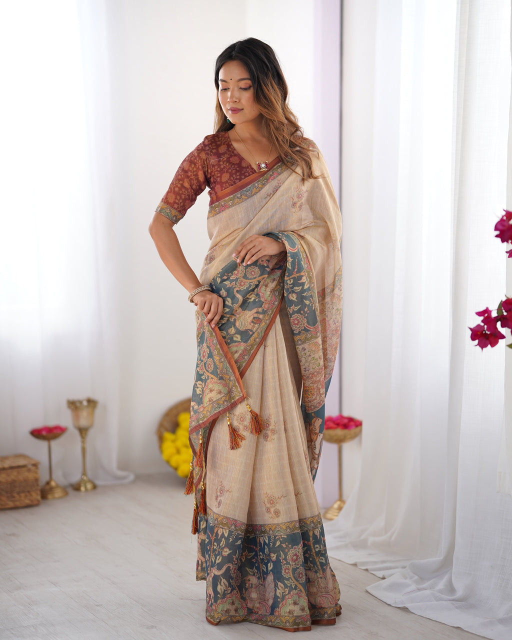 Beige Handloom Cotton Saree with Maroon Blouse and Multicolor Royal Procession Pallu LINEN HANDLOOM