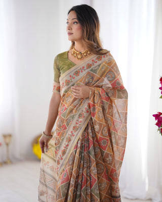 Multicolor Zari Woven Handloom Cotton Saree with Traditional Animal & Floral Motifs and Tassels LINEN HANDLOOM