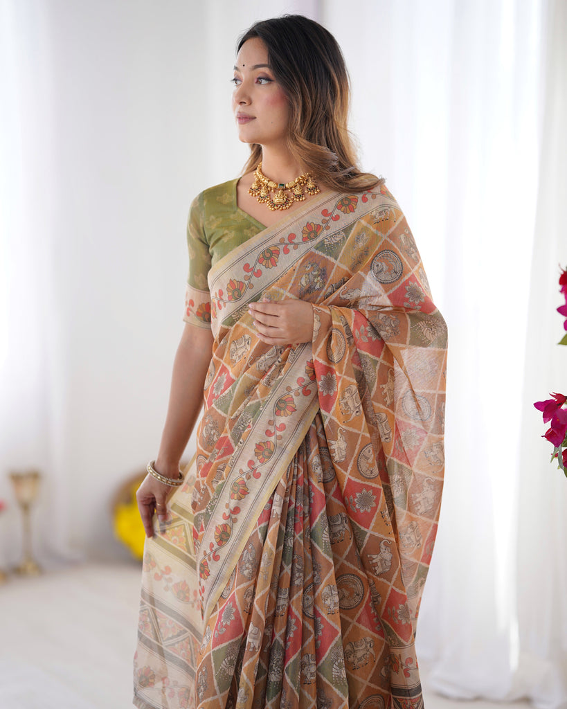 Multicolor Zari Woven Handloom Cotton Saree with Traditional Animal & Floral Motifs and Tassels LINEN HANDLOOM